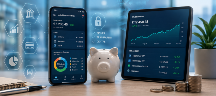 Smartphone mit digitaler Banking-App, Sparschwein und Finanzdiagrammen als Symbol für moderne Finanzlösungen und FinTech-Technologien im Jahr 2026.