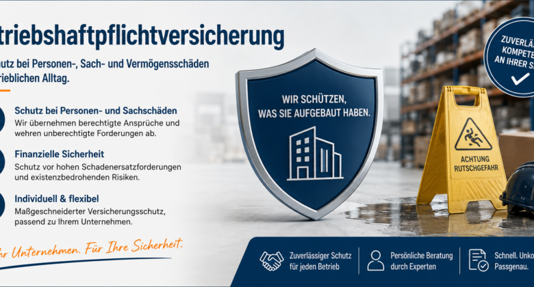 Betriebshaftpflichtversicherung für Unternehmen mit Schutz vor Personen-, Sach- und Vermögensschäden sowie finanzieller Absicherung im Geschäftsalltag.