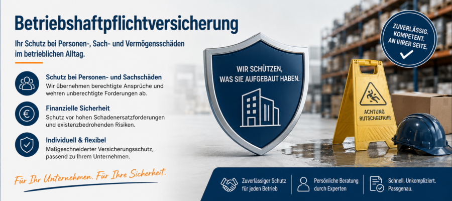 Betriebshaftpflichtversicherung für Unternehmen mit Schutz vor Personen-, Sach- und Vermögensschäden sowie finanzieller Absicherung im Geschäftsalltag.