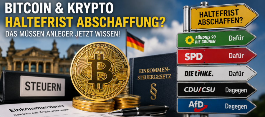 Bitcoin Symbol mit Steuerdokumenten und der Frage nach der Abschaffung der Haltefrist in Deutschland.