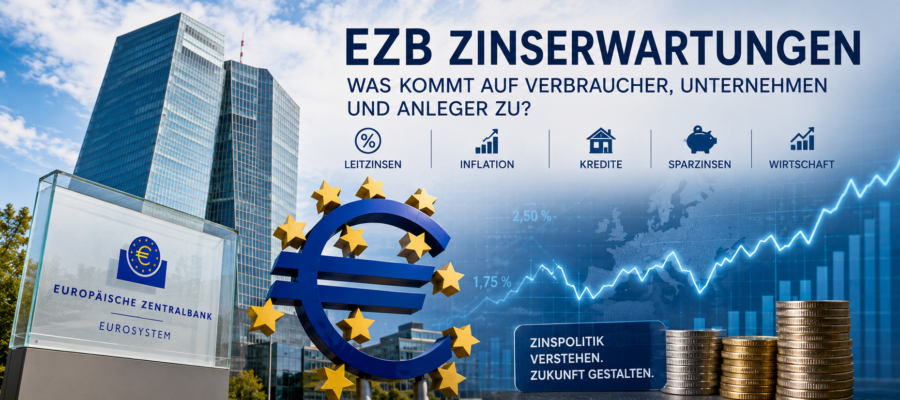 Europäische Zentralbank in Frankfurt mit Symbolen für Zinspolitik, Inflation und Finanzmärkte.